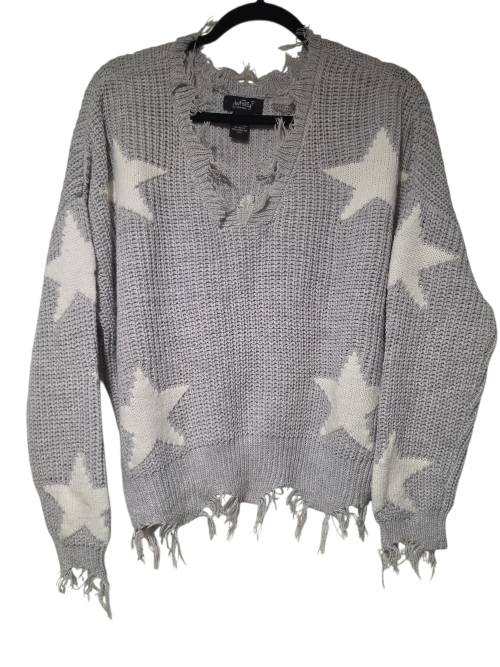 Distressed V-Neck Star Knit Sweater in Grey by Justify